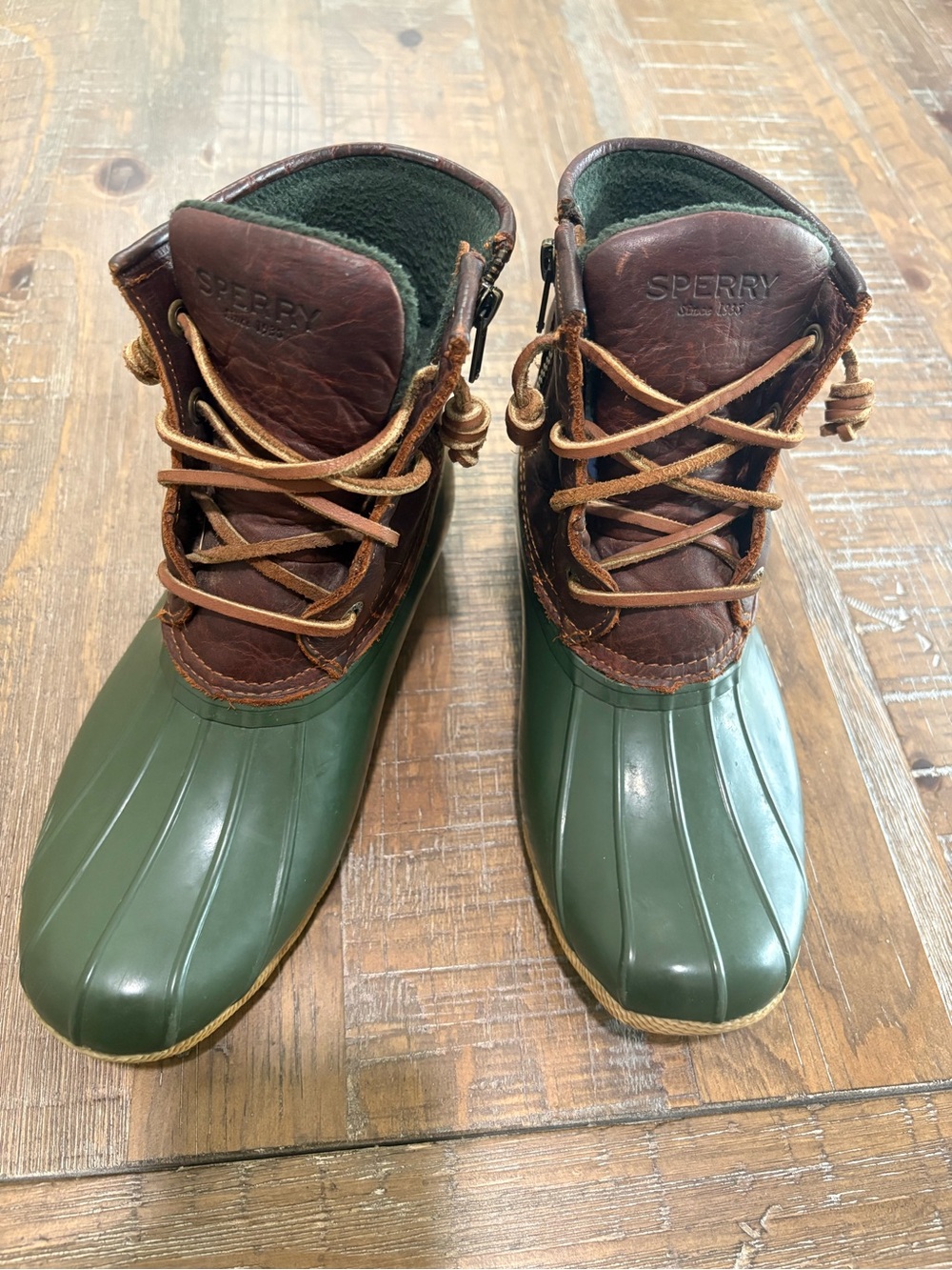 Sperry Green Rubber & Brown Leather Duck Boots